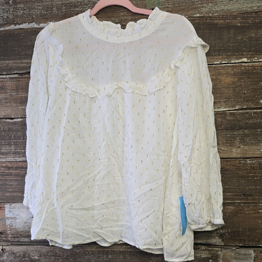 Draper James White Ruffle-Yoke Blouse with Gold Dot Print, Size 2X, NWT